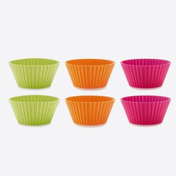 Lékué set van 6 geribde muffinvormen uit silicone oranje; roze en groen Ø 7cm H 3.5cm