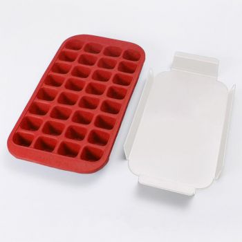 Lékué ijsblokjesvorm uit rubber met dienblad voor 32 ijsblokken rood 33.5x18x3.3cm